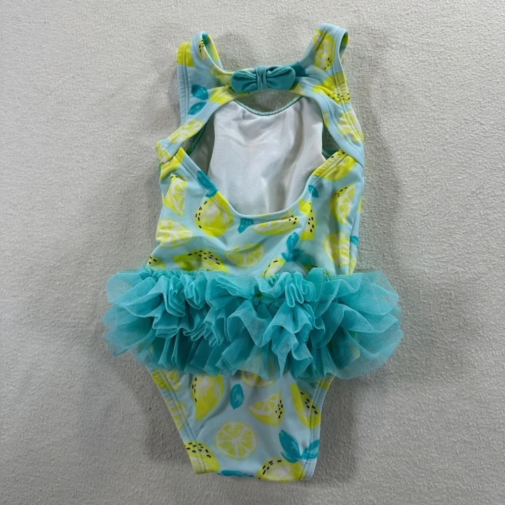 Cat & Jack Lemon Print Swimsuit with Tulle Overlay Sz 6-9 M